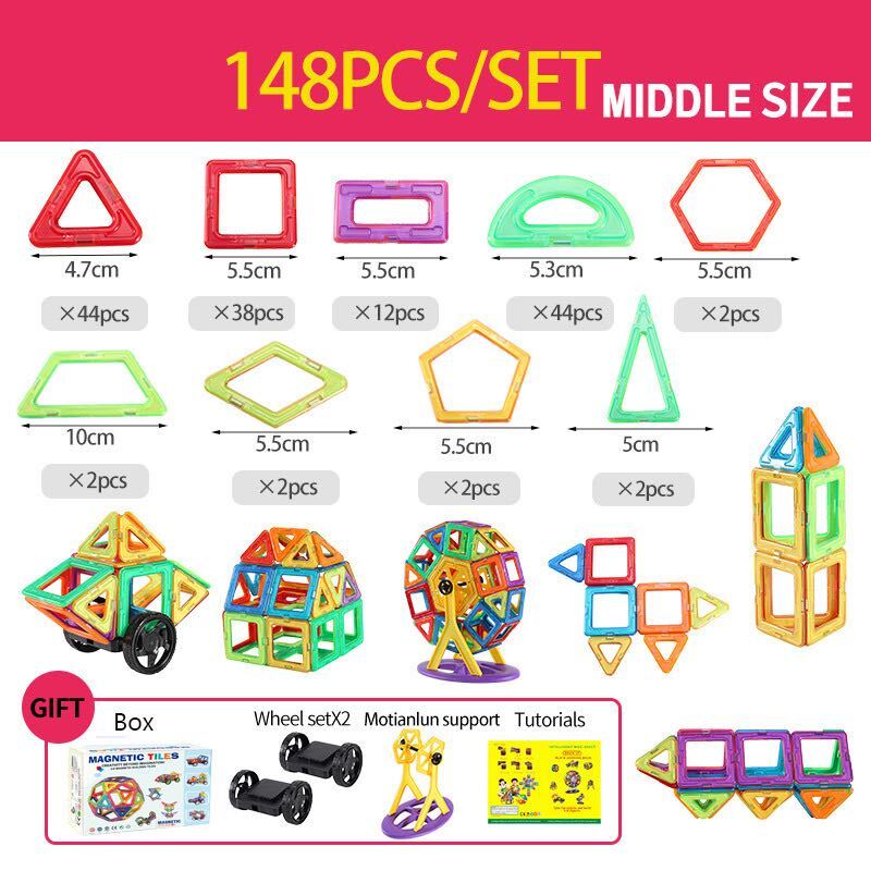 148-piece magnetic building set chart showing shapes, example builds, wheels, and a model stand