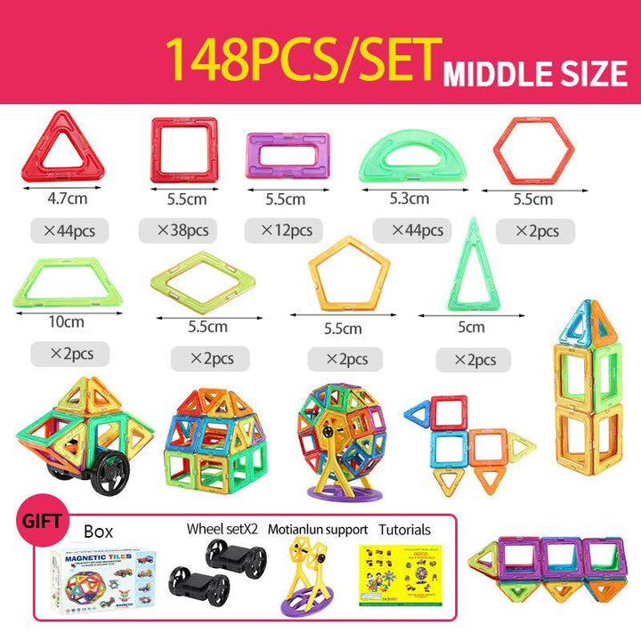148-piece magnetic building set chart showing shapes, example builds, wheels, and a model stand