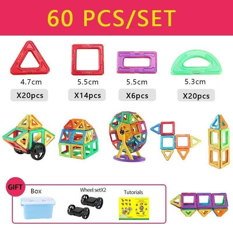 60-piece magnetic building set with shape counts, model examples, wheel accessories, and a storage box
