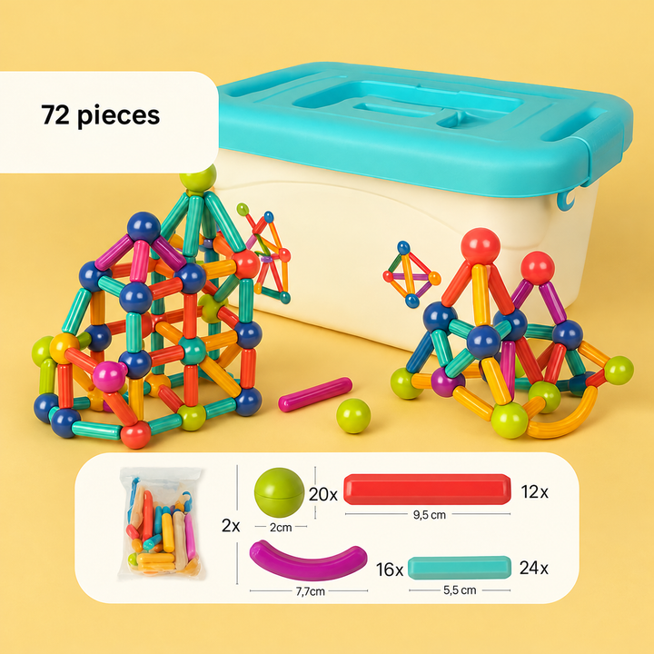 72-piece magnetic building set with storage box, assembled examples, and a piece guide