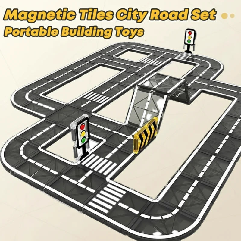 Magnetic road layout with a raised bridge, intersections, and traffic lights