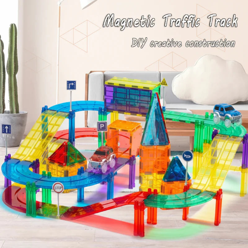 Colorful magnetic road set built around translucent buildings with ramps and cars