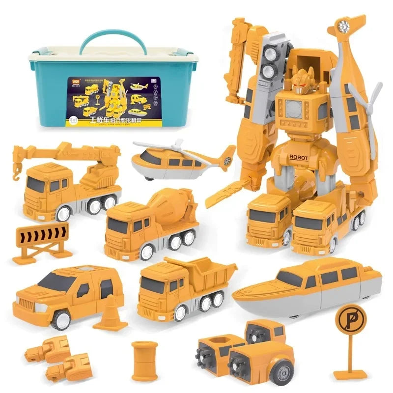 Yellow construction-vehicle builds, a combined robot, play accessories and a handled storage box.