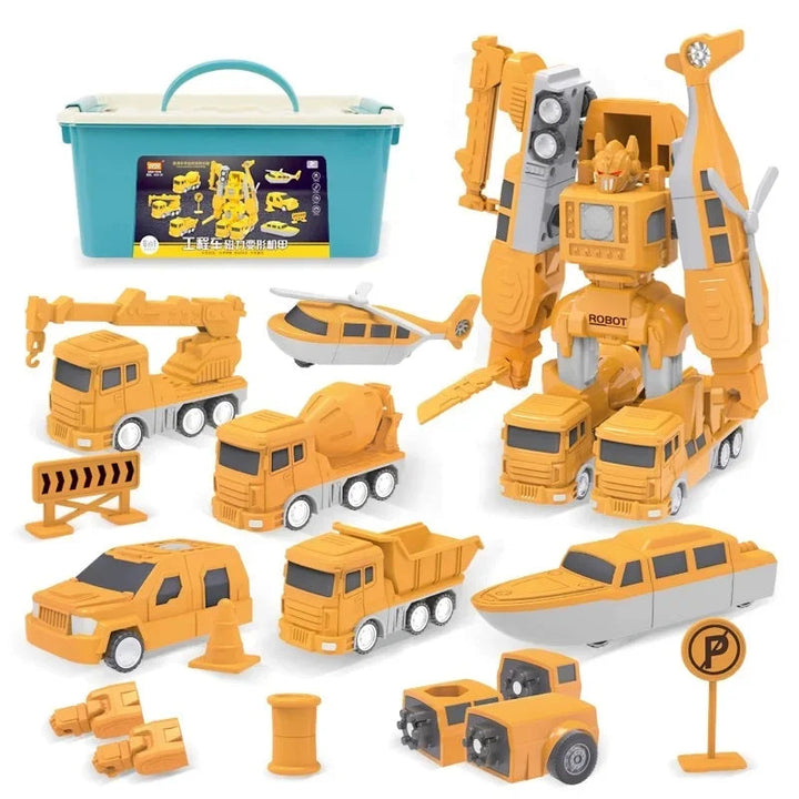 Yellow construction-vehicle builds, a combined robot, play accessories and a handled storage box.