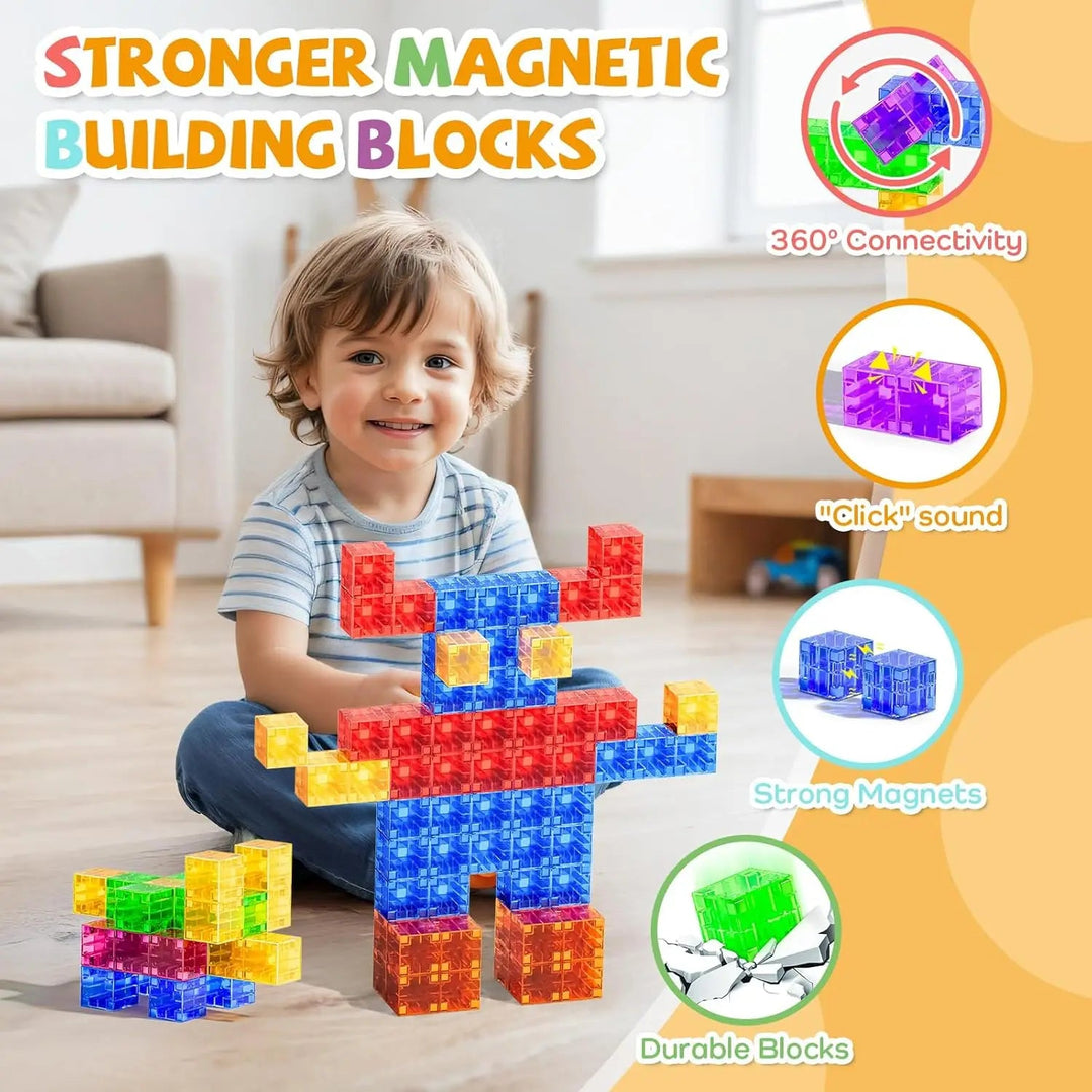 Child with a colorful magnetic cube figure and close-ups of the connecting blocks.