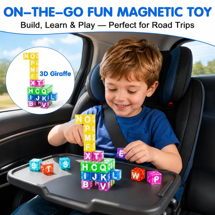 Child building a tall animal shape with magnetic letter cubes on a car tray