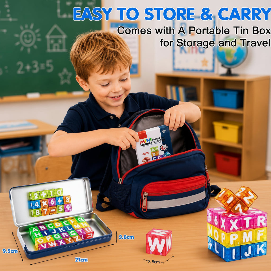Child placing the magnetic cube storage tin in a backpack beside an open set