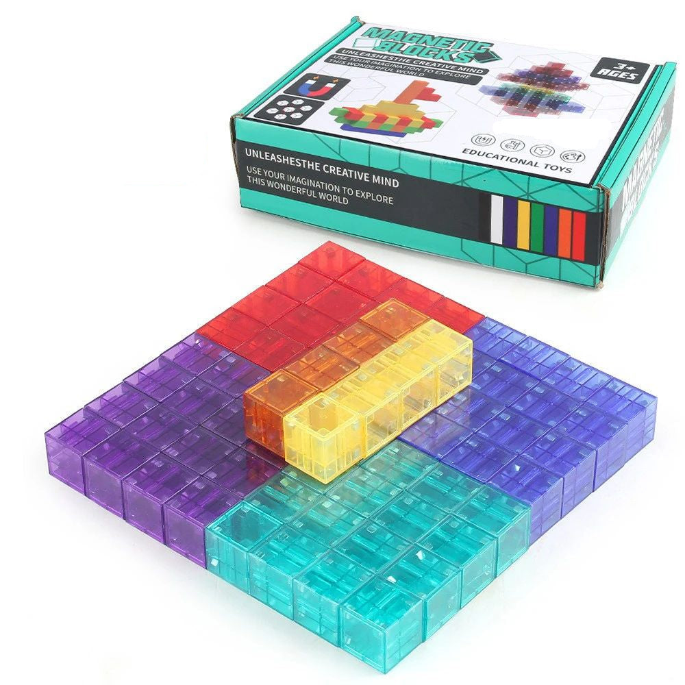 72-piece magnetic cube set arranged in flat color groups beside its box.