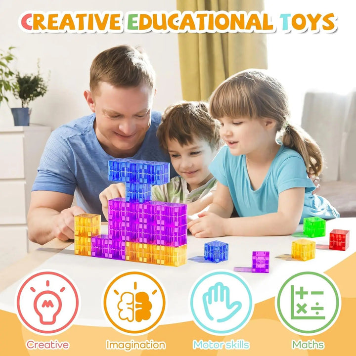 Adult and two children building a colorful magnetic cube structure together.