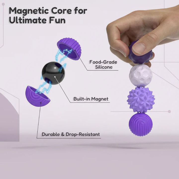 Magnetic core diagram beside a hand holding a chain of purple and white textured silicone balls