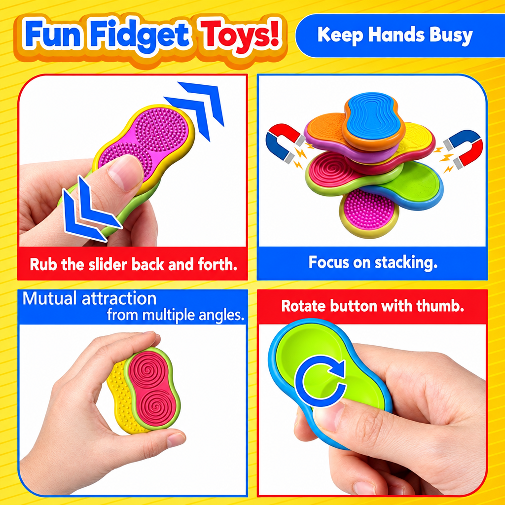 Magnetic fidget toys demonstrated through sliding, stacking, attraction, and thumb rotation