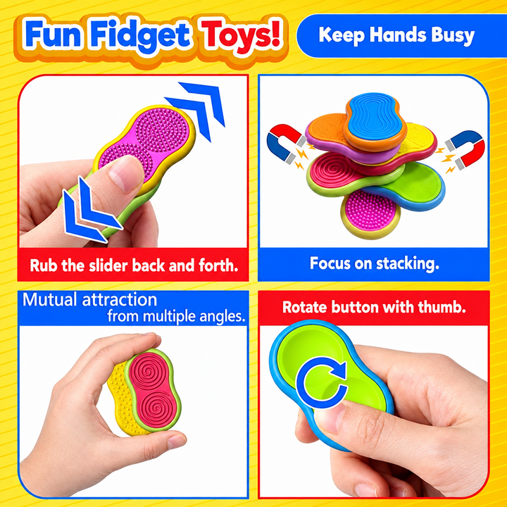 Magnetic fidget toys demonstrated through sliding, stacking, attraction, and thumb rotation