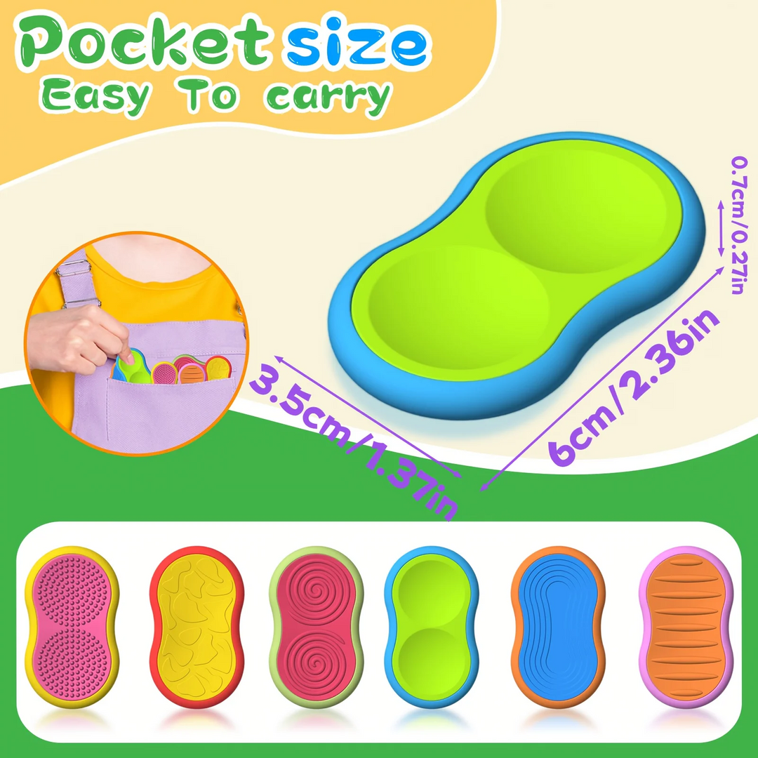 Fidget toy measurement chart showing 6 x 3.5 x 0.7 cm dimensions and six textured designs