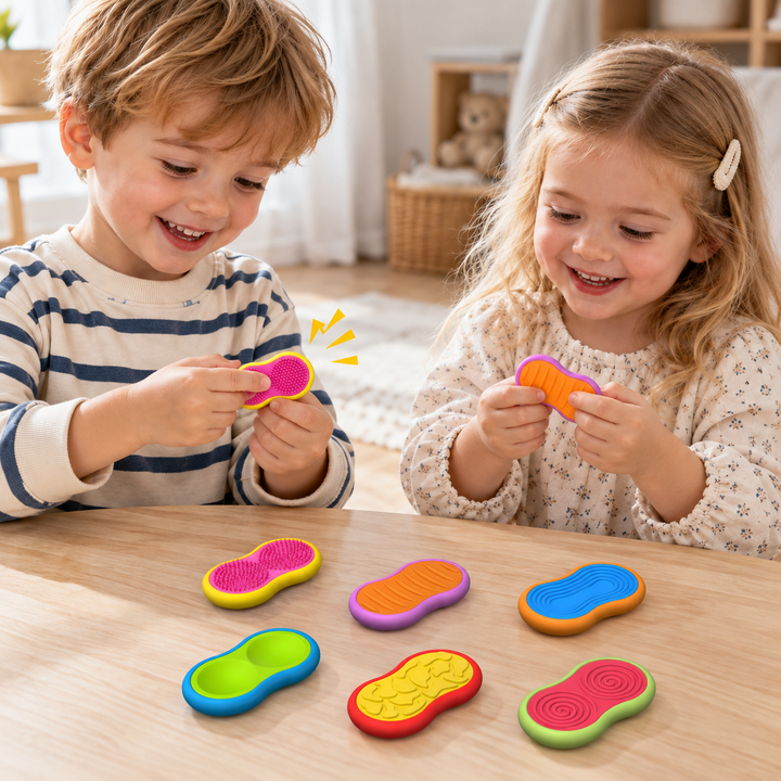 Two children exploring colorful magnetic fidget toys at a table