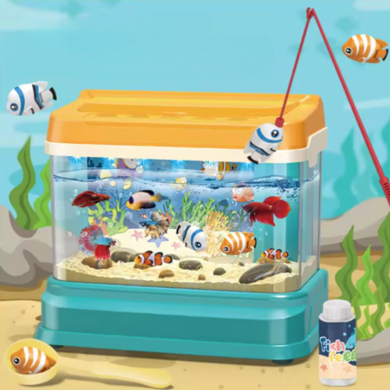 Magnetic fishing rod lifting a striped toy fish above the colorful aquarium game