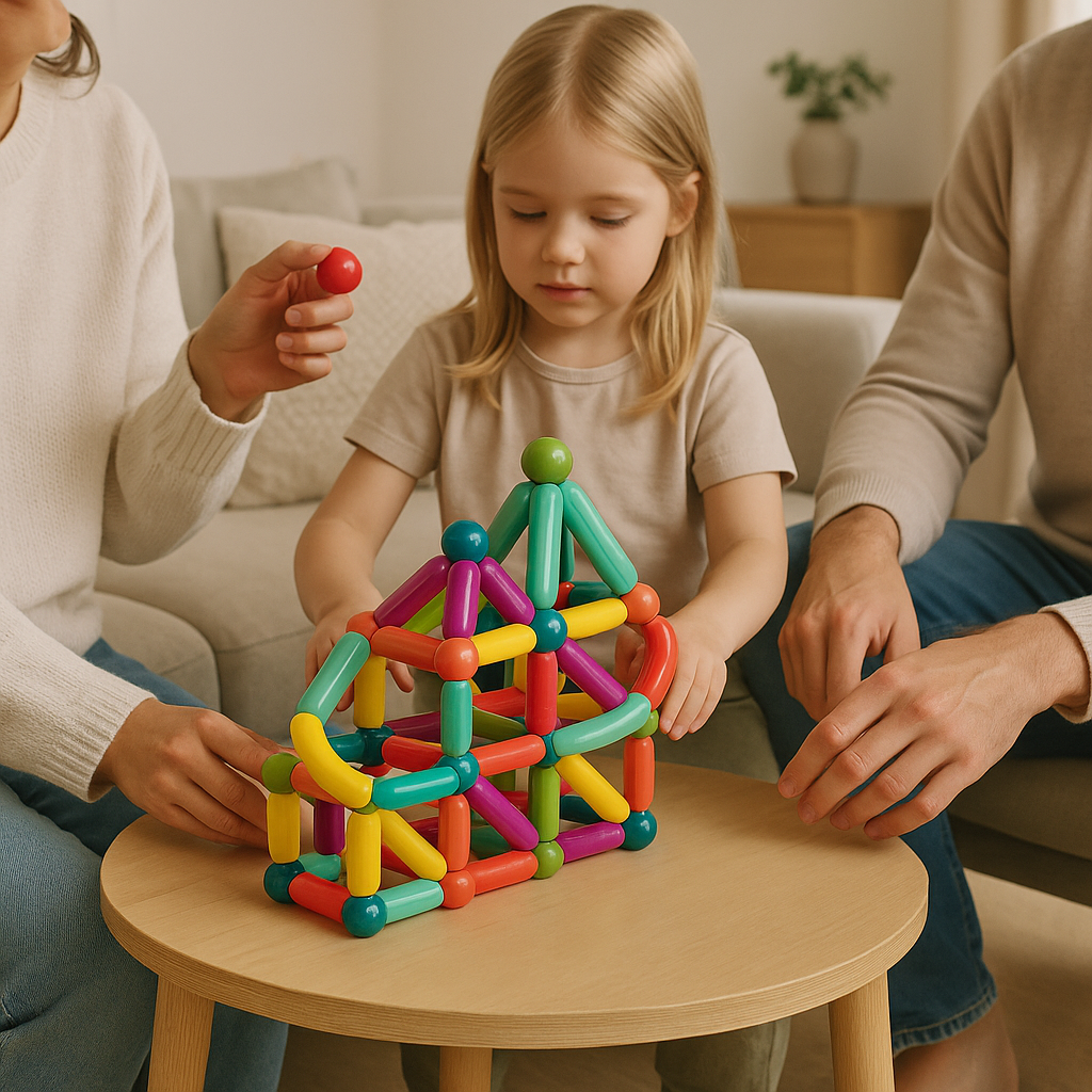 Child and adults building a magnetic stick house on a round table