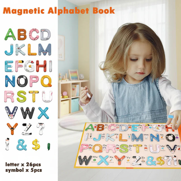 Child using the magnetic alphabet book beside a display of its 26 letters and 5 symbols