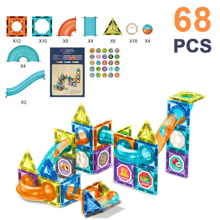 68-piece magnetic marble run set with component counts and an assembled track example.
