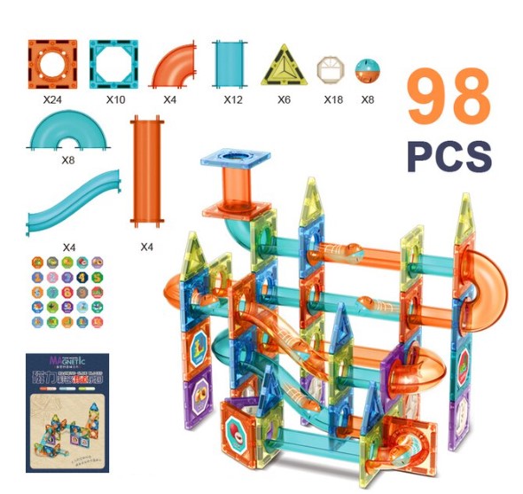 98-piece magnetic marble run set with component counts and a tall assembled track.