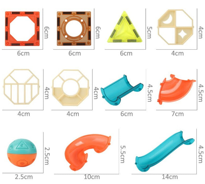 Component measurements for magnetic tiles, inserts, straight and curved track sections, and a 2.5 cm ball.