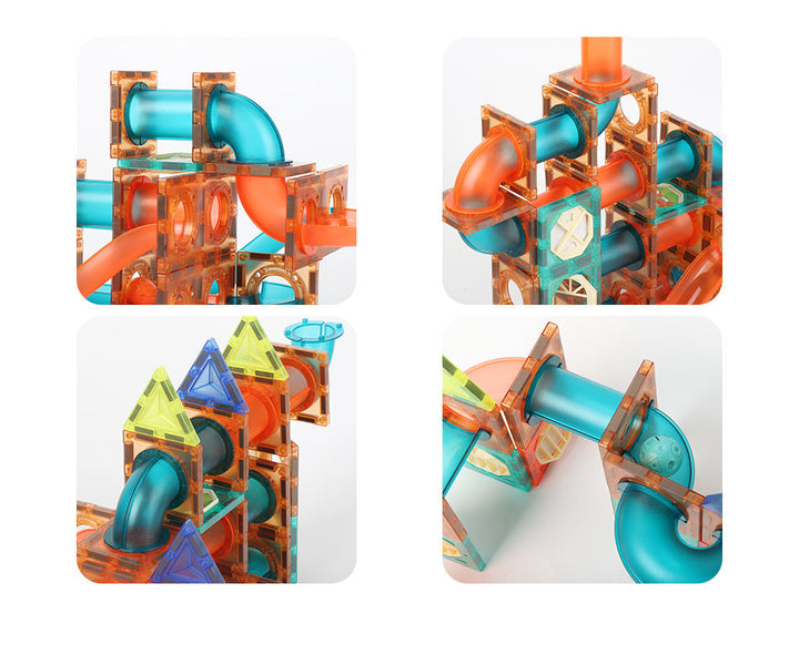 Close-up views of teal channels and orange curved track pieces joined to magnetic tiles.