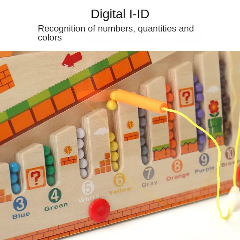 Close-up of numbered color channels and the magnetic pen on the wooden bead puzzle