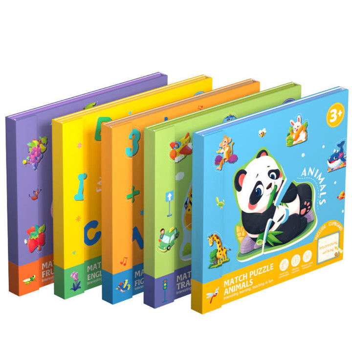 Five colorful magnetic puzzle book themes with the blue animal book in front.