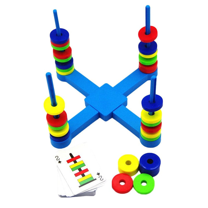 Blue four-post magnetic ring game with colorful rings and pattern cards