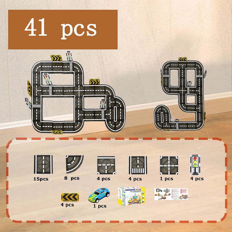 41-piece magnetic road set showing two looped track designs and an illustrated parts guide