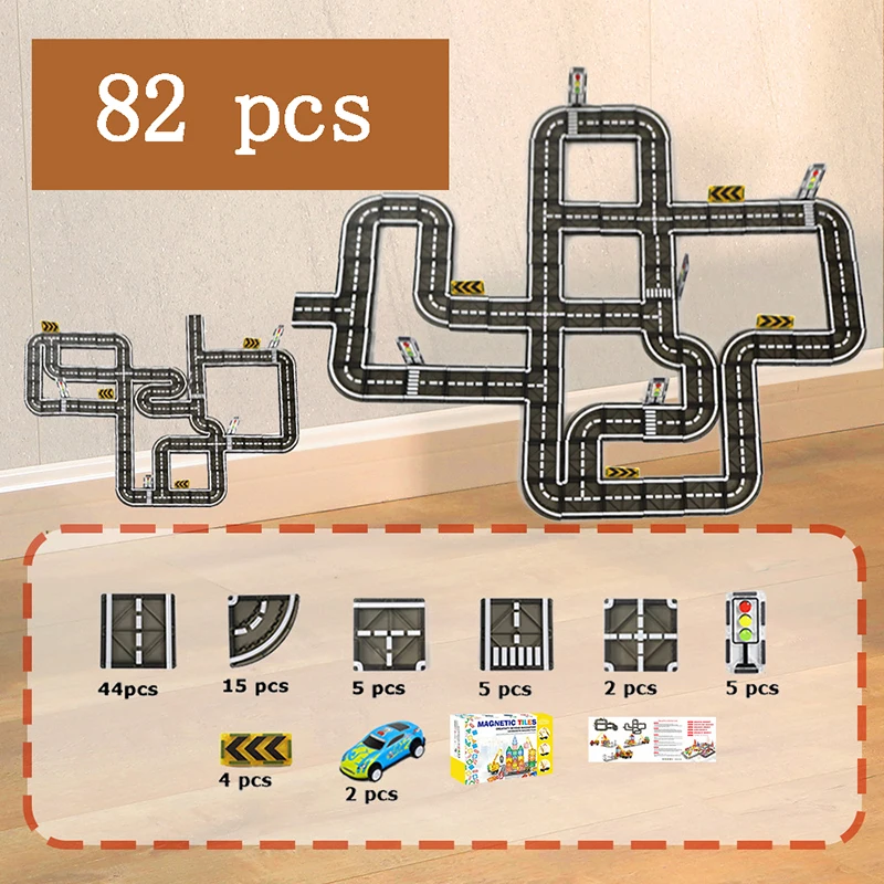 82-piece magnetic road set showing two track layouts and a breakdown of included pieces