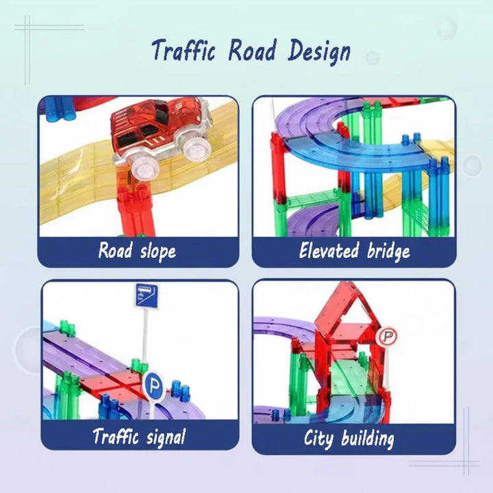 Track details showing a ramp, an elevated bridge, road signs, and a building