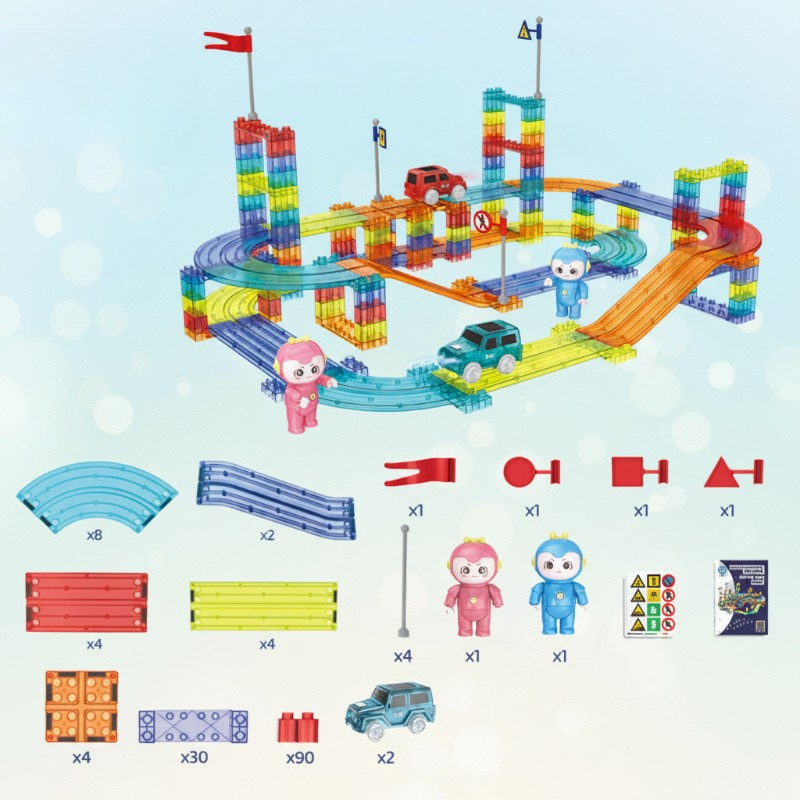 154-piece magnetic track set with elevated roads, two cars, and a parts layout