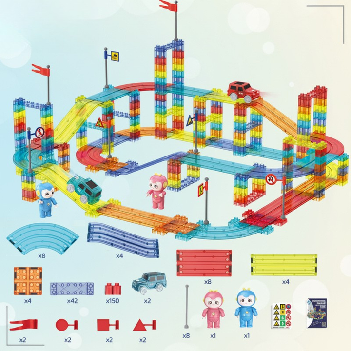 240-piece magnetic track set with multilevel roads, two cars, and a parts layout