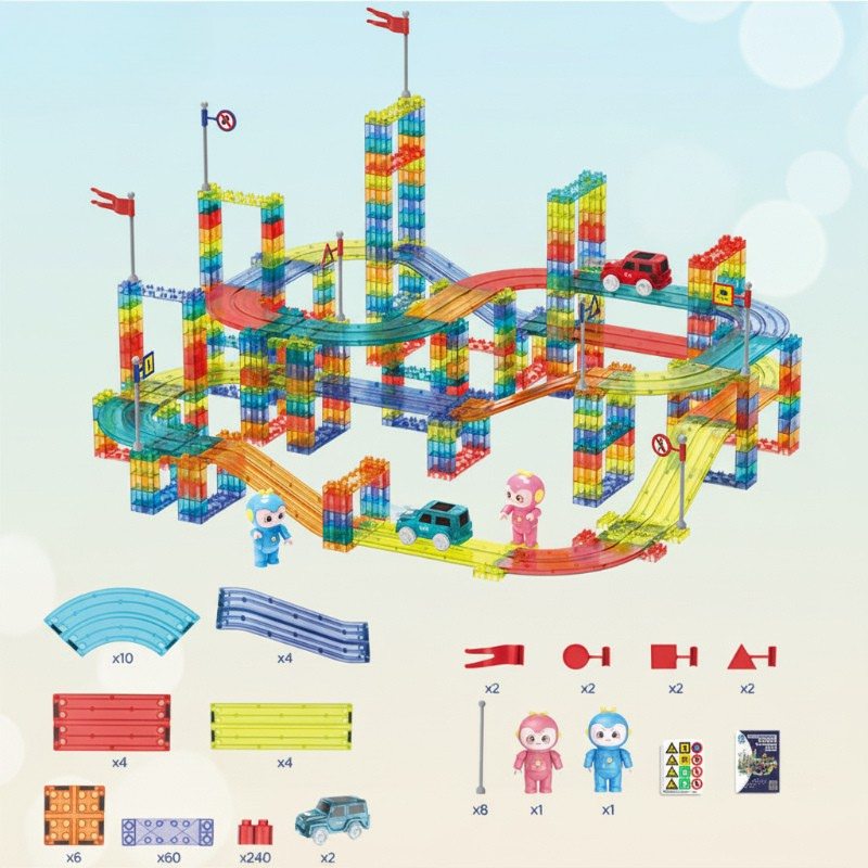 348-piece magnetic track set with tall supports, curved roads, and a parts layout