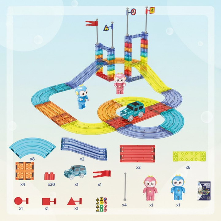 63-piece magnetic track set with a loop, towers, a car, figures, and a parts layout