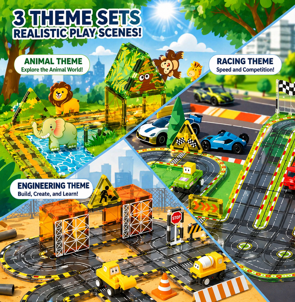 Animal, racing, and construction layouts made with magnetic road tiles and vehicles