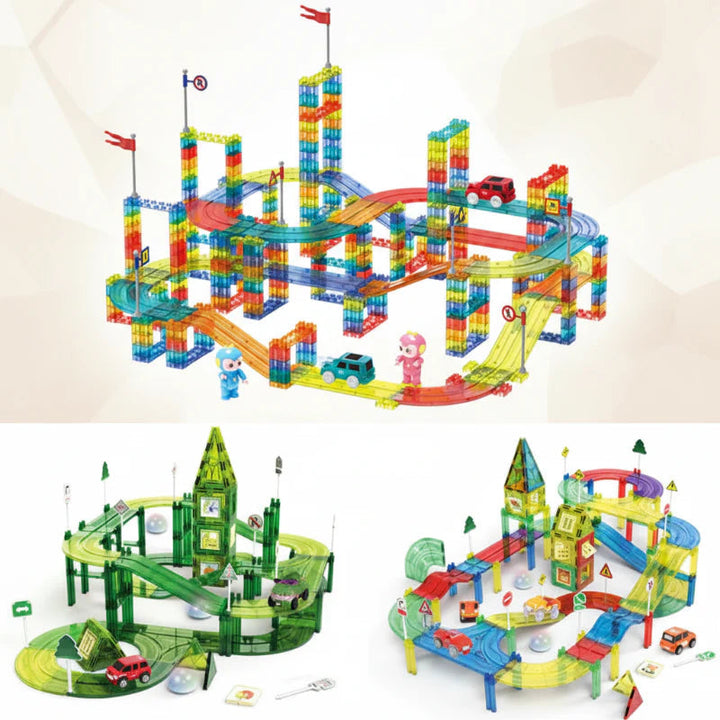 Three magnetic track builds with tall towers, raised roadways, and toy cars