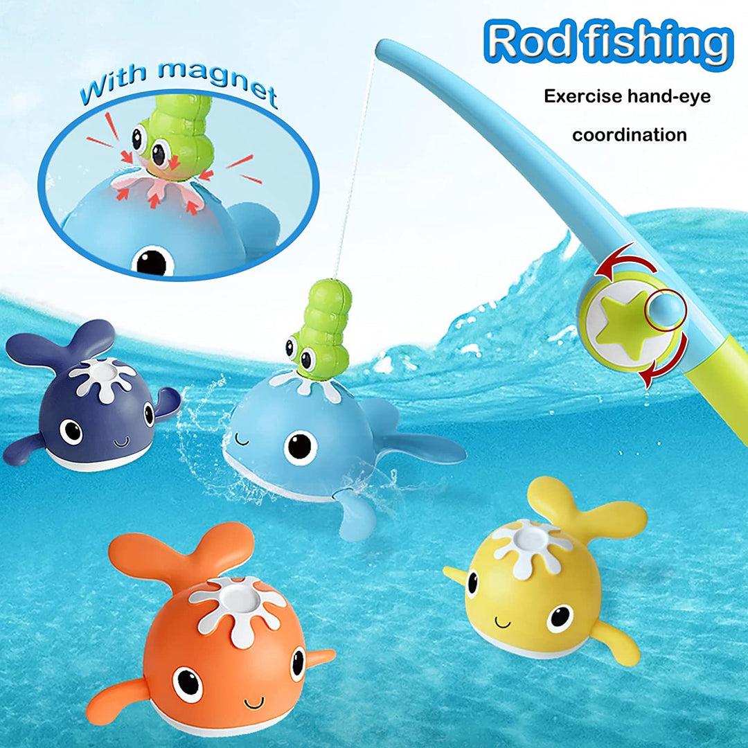 Magnetic fishing rod catching a light blue whale, with three other whale colors shown in the water.