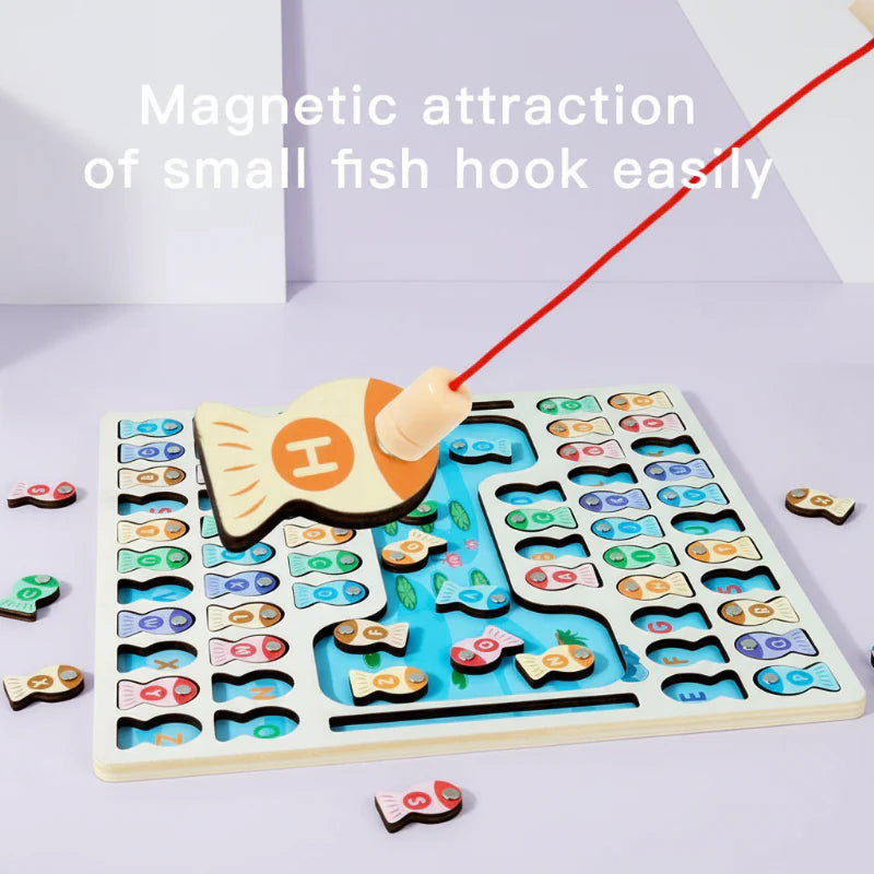 Magnetic fishing rod lifting a fish marked with the letter H from the wooden board