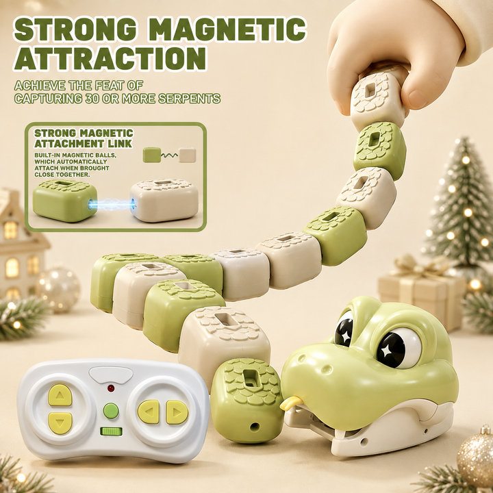 A hand lifts linked snake body segments beside a green snake head and wireless controller