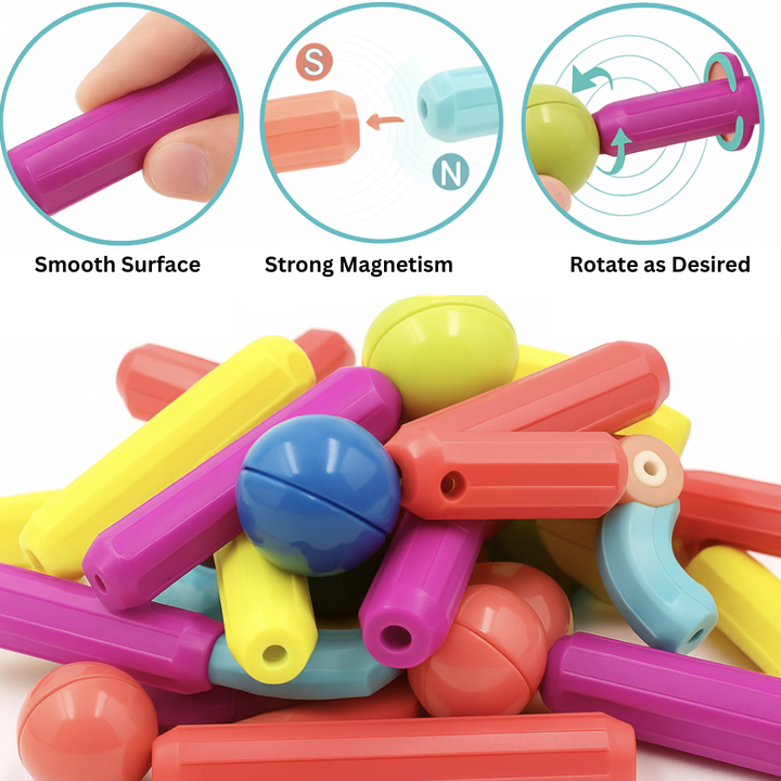 Magnetic sticks and round connectors with diagrams showing magnetic joining and rotation