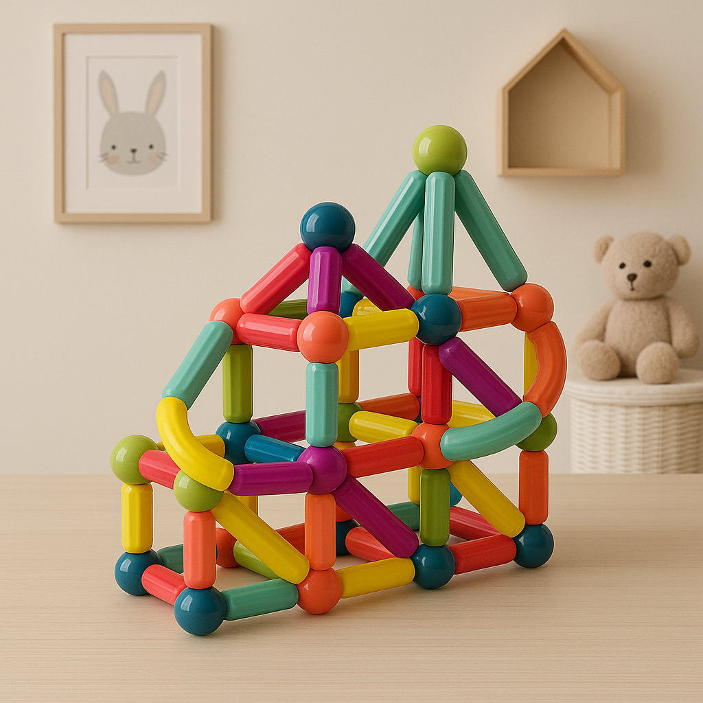 Magnetic stick house on a wooden table in a child&