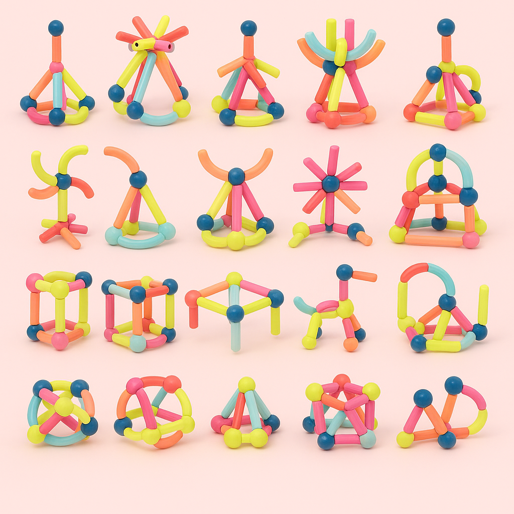 Twenty colorful magnetic stick designs, including cubes, triangular structures, and star shapes