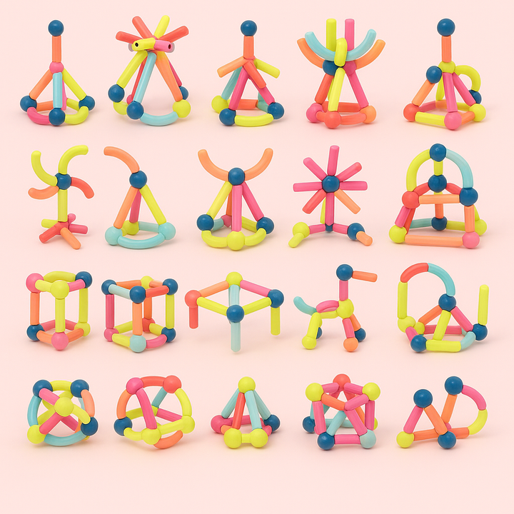 Twenty colorful magnetic stick designs, including cubes, triangular structures, and star shapes