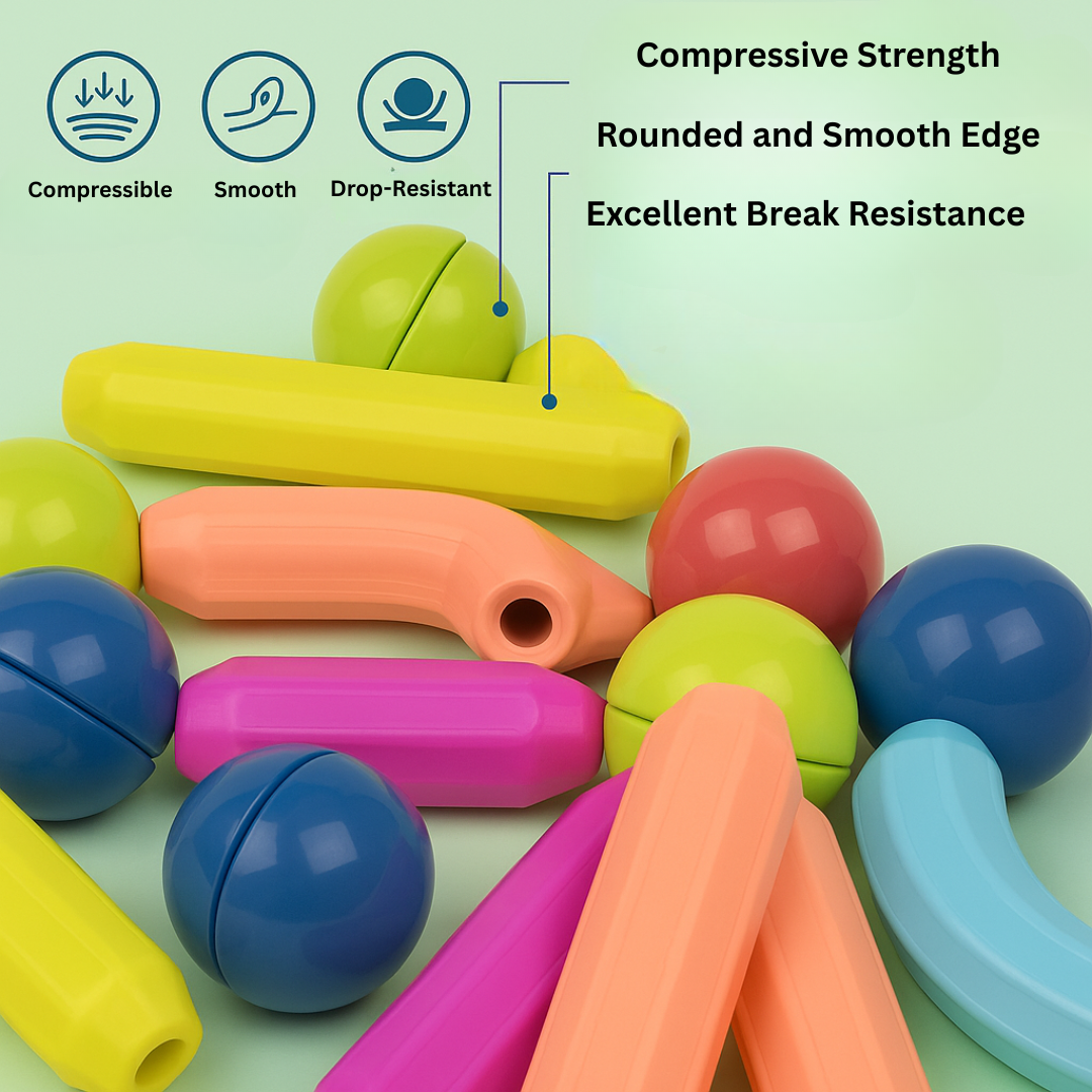 Close-up of colorful straight and curved magnetic sticks with round connectors
