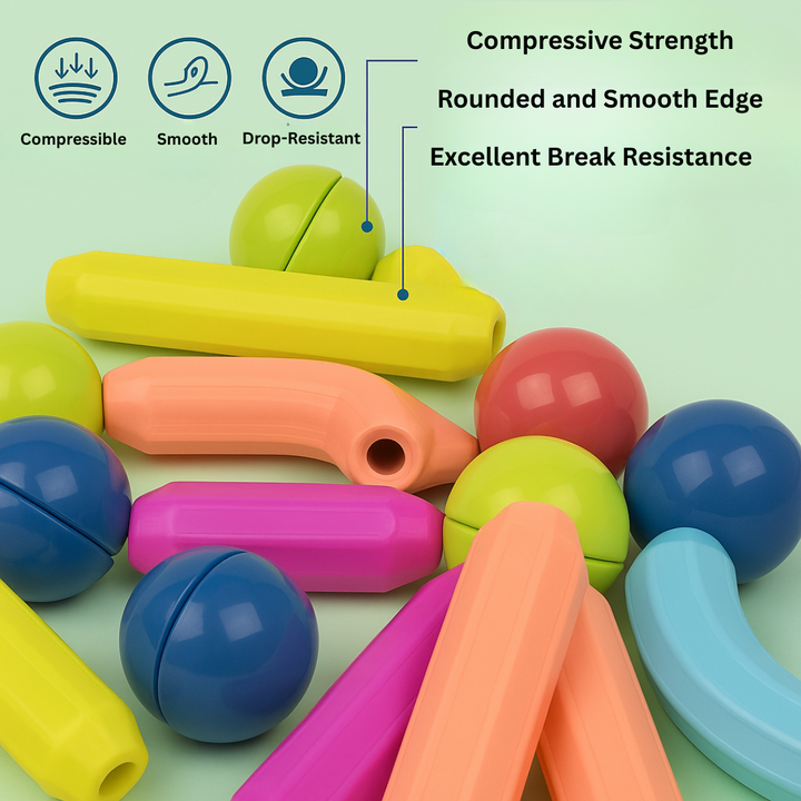 Close-up of colorful straight and curved magnetic sticks with round connectors