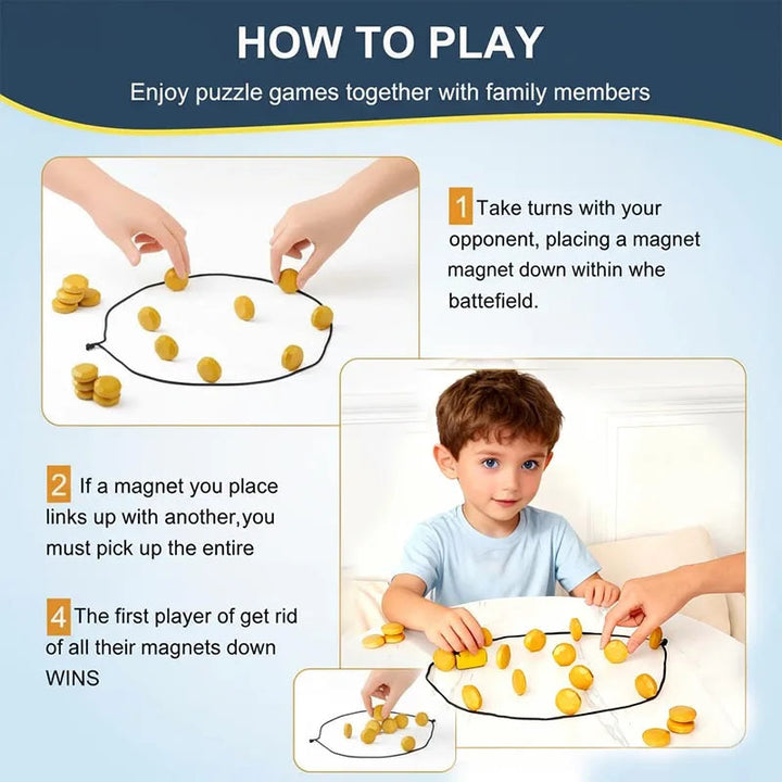 Instructions showing turn-taking and stone placement for the magnetic strategy game