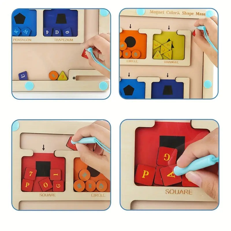 Close-up views of a magnetic stylus moving colorful shapes through the sorting board