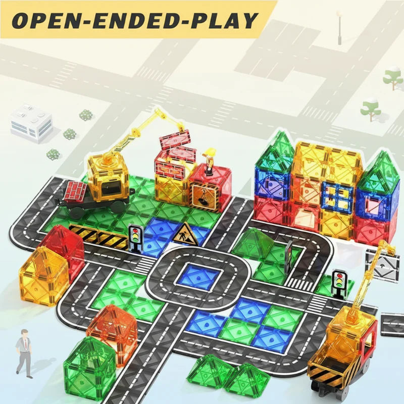 Colorful magnetic tile buildings arranged around road tiles with cranes and traffic signs