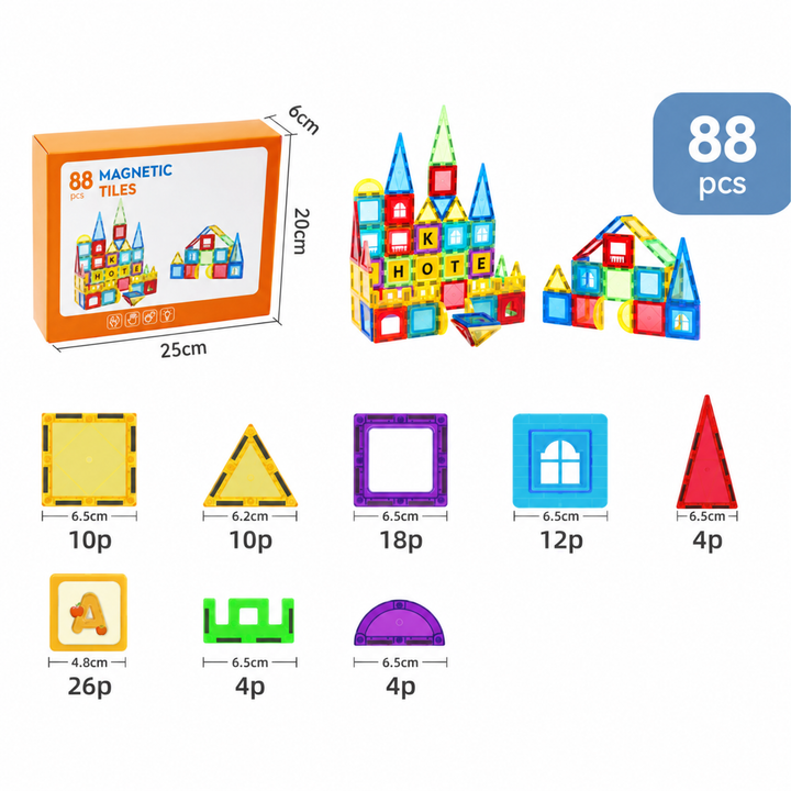 88-piece magnetic tile set with assorted shapes and inserts beside an orange box